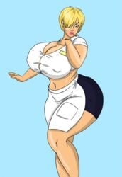 1girls apron bimbo blonde_hair breasts female female_only huge_breasts looking_at_self one_piece pixie_cut rule_63 sanji saturnxart simple_background tattoo vinsmoke_sanji waitress waitress_uniform
