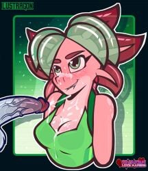 amphibian anthro aquatic axolotl balls blush bodily_fluids breasts bust_portrait clothed clothing cum cum_on_body cum_on_breasts cum_on_face cum_on_muzzle cumshot digital_drawing_(artwork) digital_media_(artwork) ejaculation erection female fully_clothed genital_fluids genitals hair hi_res humanoid_genitalia lustragon mole_salamander penis portrait salamander sherbet_(iestraig) solo
