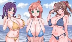 3girls beach big_breasts bikini cure_kyunkyun cure_precious cure_prism delicious_party_precure hirogaru_sky!_precure huge_breasts kimi_to_idol_precure nagomi_yui nijigaoka_mashiro nipple_bulge pillow_shading pouting precure pretty_cure shigure_kokoro skymashiron toei_animation