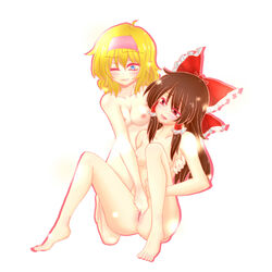 2girls ahoge alice_margatroid areolae blonde_hair blue_eyes blush blushing bow breasts brown_eyes brown_hair drool eyebrows_visible_through_hair feet fingering fingering_partner fingering_pussy grabbing_own_thigh highres holding_partner multiple_girls nipples nude nude_female open_mouth pale-skinned_female pale_skin pussy reimu_hakurei simple_background touhou yoshino_(artist) yuri