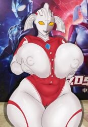 areolae big_breasts chubby chubby_female confusion cosplay crazypearl curvy giant_breasts juicy_butt latex latex_clothing looking_pleasured milkers mother_of_ultra pussy taller_female touching_breast ultra_beast ultraman_(franchise)