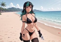 ace_(playing_card) ace_of_hearts ace_of_spades ai_generated beach bikini black_bikini black_choker black_gloves black_hair black_thighhighs blue_sky breasts card choker cleavage cloud collarbone cowboy_shot day female gloves green_hair holding hoshi_kirara jujutsu_kaisen large_breasts long_hair looking_at_viewer multicolored_hair navel ocean outdoors playing_card purple_eyes qos queen_of_spades skindentation sky solo spade_(shape) stomach swimsuit tattoo thighhighs tree two-tone_hair
