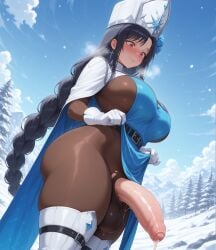ai_art ai_generated balls balls_bulge balls_under_clothes balls_under_pantyhose ballsack blush bodysuit busty civitai cock curvy curvy_figure dickgirl dickgirl_focus flashing flashing_penis flustered foreskin futa_focus futa_only futanari goddess_of_victory:_nikke hat heavy_blush heavy_breathing hi_res high_quality high_resolution highres huge_cock looking_at_penis looking_down low-angle_view maiden_(ice_rose)_(nikke) maiden_(nikke) nervous pantyhose patreon penis penis_out precum precum_drip precum_string self_upload side_view skin_tight skinsuit snow snowing stable_diffusion thick_thighs thigh_boots torn_clothes torn_clothing torn_pantyhose uncensored uncircumcised uncut upscaled voluptuous voluptuous_futa wide_eyed yuckle
