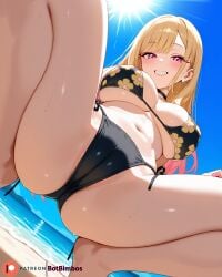 ai-generated ai_generated barefoot beach bikini black_bikini blonde_hair botbimbos bracelet camel_toe cameltoe choker cleavage crotch_shot daylight earrings female flower_bikini huge_breasts large_breasts long_hair navel necklace ocean original outdoors pink_eyes red_eyes sky smile solo standing swimsuit