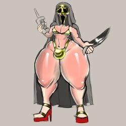 1boy 2d 2d_artwork alternate_version_available belly_button_piercing bikini bulge_under_clothes bulge_under_girls_swimsuit cloak clothed clothed_male color dekatherat femboy femboy_only ghostface ghostface_(scream) golden_bikini hard_nipples high_heels huge_thighs knife light-skinned_femboy light-skinned_male light_skin makeup male male_only masked masked_male navel_piercing nipple_bulge non-nude open_toe_heels open_toe_shoes phone scream_(franchise) shiny_skin simple_background solo tagme thick_thighs white_male