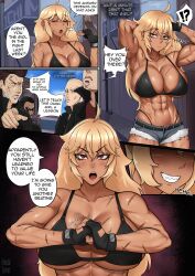 1girls abs armpits bikini_top blonde_hair bra breasts comic commission dark-skinned_female dark_skin denim denim_shorts female_abs female_focus fingerless_gloves gloves hotpants huge_breasts imminent_rape long_hair lucia_dorel mochi_lover muscular muscular_female navel onomatopoeia red_eyes scars scars_all_over sharp_teeth short_shorts stretching thick_thighs toned toned_female
