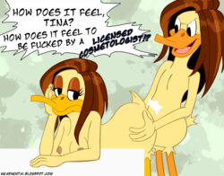 1boy 1girls angry_sex areola bored_sex breasts cleavage cosplay crossdressing crossdressing_male daffy_duck dialogue female femboy femboy_on_female from_behind looney_tunes male male/female nearphotison nipples soft_feathers straight the_looney_tunes_show tina_russo