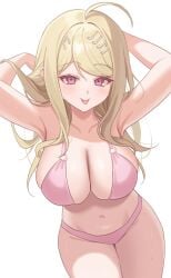 :p absurdres ahoge akamatsu_kaede alternate_costume armpits arms_up big_breasts bikini breasts busty busty_female cleavage commentary cowboy_shot curvaceous curvy curvy_body curvy_female curvy_figure curvy_hips danganronpa_(series) danganronpa_v3:_killing_harmony female fortissimo hair_ornament highres hourglass_figure huge_breasts keke_(xfxyuio) large_breasts long_hair musical_note musical_note_hair_ornament navel pink_bikini pink_eyes solo stomach swimsuit symbol-only_commentary tongue tongue_out voluptuous voluptuous_female wet