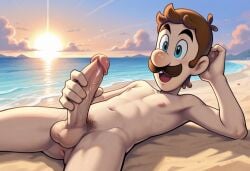 1boy ai_generated anus balls beach blue_eyes brown_hair chest erection facial_hair genitals hand_on_penis happy huge_cock large_penis light-skinned_male light_skin looking_at_penis luigi lying_on_back male male_nipples male_only mario_(series) masturbation mature mature_male nintendo nipples nude nude_male open_mouth outdoors penis pubic_hair solo solo_focus solo_male sun sunset testicles water