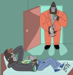 abs age_difference anthro ape aroused aroused_by_another aroused_face aroused_male aroused_smile backlighting balls barazoku bed bedroom being_watched biceps big_daddy_(sing) big_muscles big_pecs black_body black_boots black_clothing black_footwear black_fur black_jacket black_leather black_leather_jacket black_pubes black_topwear blue_bottomwear blue_clothing blue_eyes blue_footwear blue_pants blue_shoes blue_sneakers blush blush_lines bodily_fluids boots bottomwear brown_eyes cellphone clothed clothing convict criminal cum cum_drip cum_dripping_from_penis cum_from_penis cum_on_own_penis cum_on_penis cum_on_self door doorway dripping duo ejaculation electronics erection father_(lore) father_and_child_(lore) father_and_son_(lore) fondling_penis footwear fugitive fur furniture gangster genital_fluids genitals gorilla gorrizz grabbing_own_penis green_clothing green_shirt green_topwear grey_body grey_fur grin grinning_at_partner grope hand_on_head hand_on_penis haplorhine hi_res holding_cellphone holding_erection holding_head holding_object holding_own_head holding_own_penis holding_penis holding_phone illumination_entertainment imminent_sex incest_(lore) inmates_clothing jacket johnny_(sing) leaking_precum leather leather_clothing leather_jacket leather_topwear light lighting looking_at_another looking_at_partner looking_pleasured lying lying_on_bed male male/male mammal manly masturbation mattress mature_anthro mature_male muscular muscular_anthro muscular_arms muscular_male muscular_thighs older_anthro older_male on_back on_bed open_bottomwear open_clothing open_door open_jacket open_pants open_topwear orange_bottomwear orange_clothing orange_jacket orange_pants orange_topwear pants parent_(lore) parent_and_child_(lore) parent_and_son_(lore) pecs penile penile_masturbation penis penis_grab penis_poking_out penis_squeeze penis_through_clothing phone pillow precum precum_drip precum_from_penis precum_on_own_penis precum_on_penis primate prison_uniform prisoner pubes recording recording_on_phone recording_video self_grope shadow shirt shoes sing_(movie) smile smirk smirking_at_another smirking_at_partner sneakers son_(lore) stroking_penis sweat sweatdrop sweaty_body sweaty_face thick_arms thick_thighs topwear unzipped unzipped_clothing unzipped_jacket unzipped_pants voyeur younger_anthro younger_male zipper