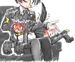 animal_ears black_hair blush collar glasses heart-shaped_pupils limbus_company long_socks miniskirt project_moon punishment punishment_spanking rien_(limbus_company) school_uniform short_hair skirt skirt_up sora_(limbus_company) spank_marks spanked_butt spanking spanking_ass suit suit_and_tie surprised surprised_expression tail udiedguy