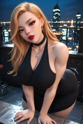 1girls 3d 3d_(artwork) ai_generated big_breasts blonde_female blonde_hair busty cleavage dress fishnets lipstick night radnsad red_lipstick rooftop sarah_(oc) solo solo_female solo_focus thick_ass thick_thighs