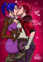 2girls arcane arcane_caitlyn arcane_vi blue_hair caitlyn_kiramman canon_couple kaywest kissing league_of_legends lesbian_couple lesbian_kiss red_hair riot_games vi vi_(league_of_legends)