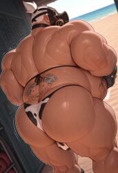 1boy ai_generated ass back back_view big_ass black_gloves black_mask bulge clothing fat fat_belly fat_male gloves huge_ass human human_only large_belly light-skinned_male light_skin looking_at_viewer male male_only mammal mature mature_male moobs nipple_piercing obese obese_male overwatch overweight overweight_male ponytail roadhog solo solo_focus solo_male speedo straps straps_across_chest tattoo tattoo_on_back white_hair