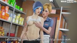 2girls 3d age_difference alternate_version_available arm_tattoo assisted_exposure barbell_piercing beanie blonde_hair blue_eyes blue_hair breasts breasts_out chloe_price clothed daughter dialogue english_text eye_contact female female_only groping groping_breasts groping_from_behind hi_res hoop_earrings human human_female human_only imminent_lesbian_sex imminent_sex incest joyce_price lesbian life_is_strange light-skinned_female light_skin looking_at_another mature_female maxmadsfm medium_breasts milf mom_tattoo mother mother_and_daughter multiple_girls navel_piercing necklace nipple_piercing nipples no_bra older_female parent_and_child piercing pubic_tattoo shirt shirt_lift shirt_up short_hair standing stealth_sex tattoo tattooed_arm undressing_another uniform waitress waitress_uniform young young_female younger_female yuri