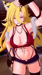 3d alternate_version_available big_breasts blender booty_shorts collar crop_top fangs looking_at_viewer muscular_female seductive_look segsultimate smiling_at_viewer tala_tora_(vtuber) tiger_ears tiger_tail virtual_youtuber