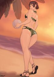 1girls alluring ass atlus beach bikini brown_hair crimson_eyes high_heels holding_volleyball looking_at_viewer makoto_niijima medium_breasts nidhoggn ocean persona persona_5 sega silf sunset volleyball