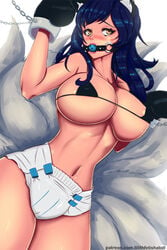 ahri animal_humanoid ball_gag blue_hair bondage bound breasts canine diaper female fox_humanoid gag hair humanoid large_breasts league_of_legends lilith-fetish-abdl long_hair mammal riot_games video_games yellow_eyes