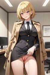 1girls ai_generated blonde_hair exhibitionism exposed_pussy female female_only office office_lady pussy short_hair skirt_lift suit wet_pussy