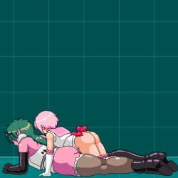 1boy1girl 78_(tky8) animated ass bishoujo_senshi_sailor_moon female_monster_vs_cross-dressing_warrior green_hair monster_of_the_day pink_hair pink_skin pixel_animation pixel_art prone_bone sailor_sirius u-pasokon vaginal_penetration