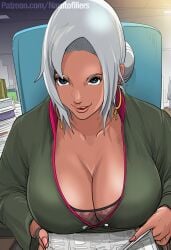 1girls ai_generated assistant big_breasts breast_focus breasts busty center_opening cleavage clipboard collarbone curvaceous dark-skinned_female dark_skin dress earrings female female_only fishnets flashing flashing_breasts flirting flirting_with_viewer front_view hoop_earrings huge_breasts indoors jewelry kunoichi large_breasts looking_at_viewer mabui mature mature_female mesh_shirt milf mommy naruto naruto_(series) naruto_shippuden narutofillers ninja no_bra no_bra_under_clothes office office_lady open_mouth oppai out_of_frame pink_lipstick pinup presenting presenting_breasts sagging_breasts secretary seducing seduction seductive seductive_body seductive_eyes seductive_gaze seductive_look seductive_smile silver_hair smile solo teal_eyes teasing teasing_viewer top_heavy top_heavy_breasts upper_body url voluptuous watermark web_address