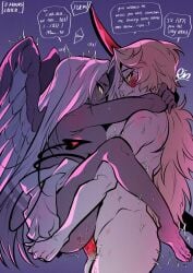 2girls absurdres angel angel_and_devil angel_wings blonde_hair canon_couple charlie_morningstar colored_sclera colored_skin commentary completely_nude demon_horns demon_tail fallen_angel feathered_wings futa_with_female futanari grey_hair grey_skin hazbin_hotel hellaverse highres horns interspecies lifting_person long_hair multiple_girls nude pink_sclera raccoon_404 red_horns red_penis red_sclera sex smile sweat symbol-only_commentary tail upright_straddle vaggie_(hazbin_hotel) very_long_hair white_skin wings yellow_eyes