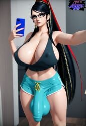 1futa ai_generated bayonetta big_breasts big_penis bulge_through_clothing flaccid flaccid_penis futanari huge_breasts huge_cock penis_bulge selfie