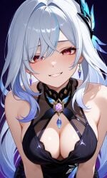 ai_generated big_breasts black_dress cleavage cleavage_cutout crazed_expression crazy_eyes curvy curvy_body curvy_female curvy_figure earrings elegant_dress evening_dress genshin_impact hoyoverse leaning_forward mihoyo red_eyes sexy sexy_body sexy_clothing sexy_female sexy_pose skirk_(genshin_impact) white_hair yandere