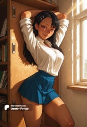 1girl 1girls against_wall aged_up ai_generated alternate_breast_size arms_behind_head arms_up artist_name asymmetrical_bangs black_hair blue_skirt blush book bookshelf breasts brown_eyes brown_lips chalkboard classroom closed_mouth collared_shirt contrapposto cowboy_shot curvy dark-skinned_female dark_skin day desk dress_shirt ear_piercing earclip english_text fang gumroad_username hair_ornament hairclip half-closed_eyes hayase_nagatoro hi_res indoors jewelry large_breasts library lips long_hair looking_at_viewer lumenforge medium_breasts miniskirt nagatoro_hayase naughty_face patreon_logo patreon_username pencil piercing please_don't_bully_me,_nagatoro pleated_skirt school school_uniform seductive_smile shadow shirt shirt_tucked_in sidelighting skirt sleeves_pushed_up sleeves_rolled_up smile smug solo standing sunlight tan tented_shirt thick_thighs thighs twitter_logo twitter_username watermark web_address white_shirt window