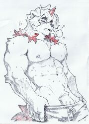 abs anthon0331 anthro arknights biceps bodily_fluids clothing hi_res hung_(arknights) hypergryph male muscular muscular_male nipples pecs seductive solo standing studio_montagne sweat triceps undressing undressing_self