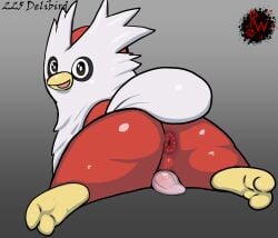 animal_genitalia animal_penis anus ass avian beak biped bird darkened_genitalia delibird digital_media_(artwork) erection feathers feet feral generation_2_pokemon genitals hi_res looking_at_viewer looking_back lying male male_only nintendo on_front open_mouth penis penis_backwards pokémon_(species) pokemon pokemon_(species) presenting puffy_anus rapistwerewolf rear_view semi-anthro simple_background small_penis smile soles solo solo_male tail