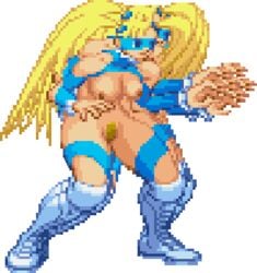 animated areolae blonde_hair boots bouncing_breasts breasts cleavage female female_only female_pubic_hair fighting_stance functionally_nude human knee_boots knee_pads large_breasts long_hair mask nipples pixel_art pubic_hair rainbow_mika solo street_fighter tied_hair transparent_background twintails very_long_hair