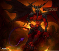 1boy 2013 abs barefoot bottomless claws diablos erection exoskeleton final_fantasy final_fantasy_viii glowing glowing_eyes horns magma male male_only monster muscular no_humans penis precum rocks solo tail testicles text todex video_games volcanic_setting wings