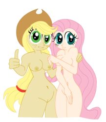 2girls applejack_(mlp) areolae blonde_hair blue_eyes breasts covering duo female female_only fluttershy_(mlp) friendship_is_magic green_eyes hat humanized looking_at_viewer looking_away my_little_pony mylittleponynudes nipples nude pink_hair pussy shy smooth_skin thumbs_up white_background