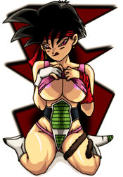 armor bardock beige_skin black_hair boots breasts clothes color dragon_ball dragon_ball_z ear_piercing female female_only footwear front_view fur furry_tail gloves hair headband kneeling looking_at_viewer monkey_tail open_eyes piercing pink_eyes round_ears rule_63 saiyan seripa shirt_lift short_hair solo tail tongue