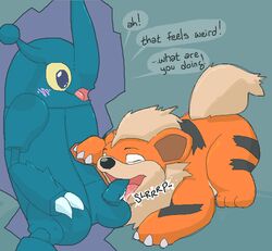 argon_vile black_fur claws fellatio feral fur growlithe heracross interspecies male nude oral orange_fur penis pokemon pokemon_(species) side_view stripes testicles text