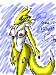 2012 anthro black_nose blue_eyes blue_sclera breasts claws color digimon female female_only front_view fur furry furry_breasts furry_ears furry_tail nipples nude open_eyes pink_nipples pointy_ears renamon snowfyre solo standing tail white_fur yellow_fur