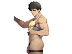 1boy bara brown_hair flaccid male_focus muscle penis pubic_hair shirt_lift shunta solo sportswear syunta_87 tagme undressing