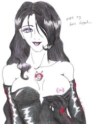 albinoyaoi areola areola_slip black_hair blush breast_slip breasts clothes color dress female female_only front_view fullmetal_alchemist hair hair_over_one_eye homunculus looking_at_viewer lust lust_(fullmetal_alchemist) nipple_slip nipples open_eyes purple_eyes round_ears slit_pupils solo tattoo tongue_out white_background white_skin