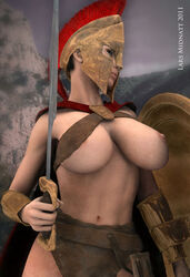 3d ancient_greece armor beige_skin bocas_top breasts cape clothes color day female female_only helmet history human larsmidnatt navel nipples one_breast_out outdoors round_ears rule_63 shield solo spartan standing sword weapon