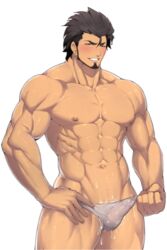 1boy abs bara beard blush brown_hair bulge cum erection facial_hair male_focus male_only muscle naughty_face nipples pecs penis piercing shunta smile solo swimwear tagme teeth undressing