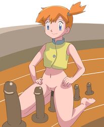 1girls bare_arms bare_shoulders barefoot blue_eyes bottomless_female dildo dildo_race dildo_riding eyes female female_only gauntlet_of_girth hair human human_only innie_pussy kasumi_(pokemon) kneeling mezz navel nintendo orange_hair pokemon pussy short_hair side_ponytail size_progression smile solo uncensored vaginal vaginal_insertion vaginal_masturbation