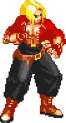 animated blonde_female blonde_hair blue_mary breasts fatal_fury fighting_stance king_of_fighters no_bra pixel_art standing transparent_background