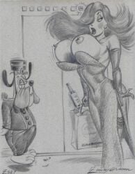 2005 big_breasts breasts breasts_out disney dress dress_down droopy droopy_(series) elevator female jessica_rabbit julius_zimmerman metro-goldwyn-mayer monochrome nipples wardrobe_malfunction who_framed_roger_rabbit