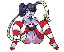 black_hair boggle crablouse female leviathan_(skullgirls) no_shoes ponytail purple_skin red_eyes skullgirls squigly stockings striped_legwear