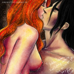 1boy 1girls aurora-lynne bare_shoulders black_hair breasts closed_eyes duo female harry_potter kissing lily_evans long_hair male nipples nose nude red_hair redhead severus_snape shoulders straight