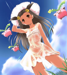 1girls ambiguous_gender bare_shoulders blouse blue_background blush brown_eyes brown_hair clothed day dress female flat_chest floating grass gym_leader hand_on_head hat holding hoppip human jasmine_(pokemon) long_hair nintendo no_panties open_mouth outdoors photoshop pink_skin plant pokemon pokemon_gsc pussy see-through sky standing sweat uncensored upskirt wet wet_clothes wet_dress yellow_eyes