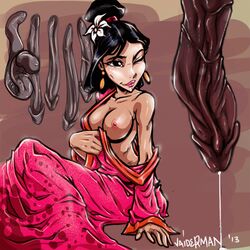 1boy 1girls 2013 areola black_hair black_penis breasts cum dark-skinned_male dark_skin disney disney_princess fa_mulan female female_focus geisha human imminent_sex interracial lipstick male mulan nipples nudity penis straight voluptuous wink xxxbattery