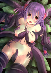 absurdres areolae braid breasts duel_monster female hair_bobbles hair_ornament highres large_breasts leaf long_hair looking_at_viewer medium_breasts navel nipples nude open_mouth pointy_ears purple_hair red_eyes silyouta1120 tears tentacle torn_clothes traptrix_atrax twin_braids yu-gi-oh!