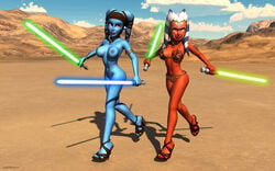 2012 2girls 3d aayla_secura ahsoka_tano blue_lightsaber clone_wars dual_wielding eyeliner eyeshadow female female_only green_lightsaber high_heels jedi jedi_master jedi_padawan kondaspeter lekku lightsaber lipstick makeup metal_bikini multiple_girls slave_ahsoka slave_bikini star_wars tatooine the_clone_wars:_season_four togruta twi'lek